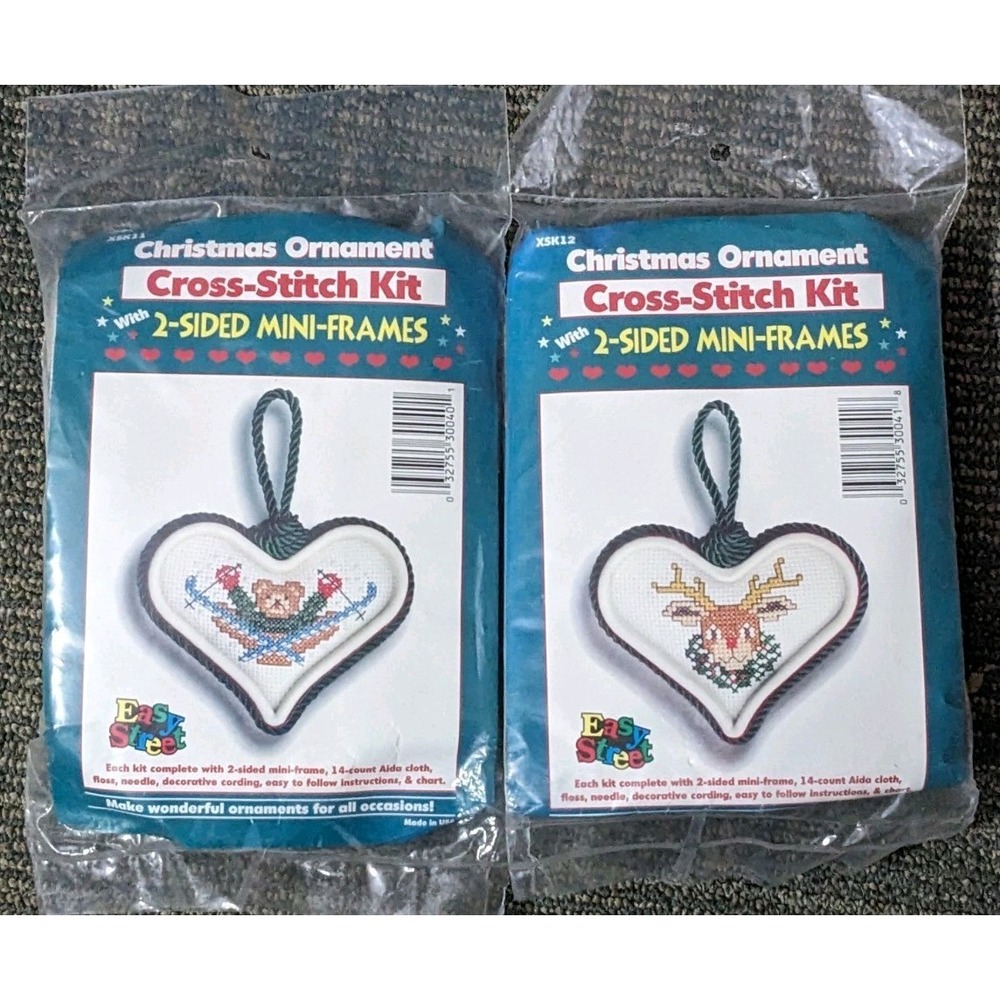 2 Vtg Easy Street Christmas Ornament Cross Stitch Kits Reindeer Bear Sealed